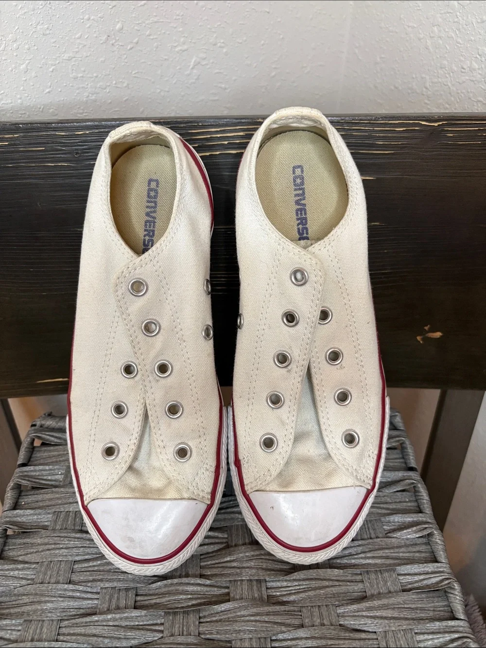 Converse Kids Slip-On Canvas Sneakers in Cream with Red Trim